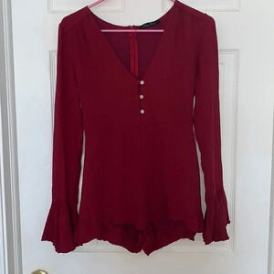 Honey Punch Bell Sleeved Romper Maroon Red Size S